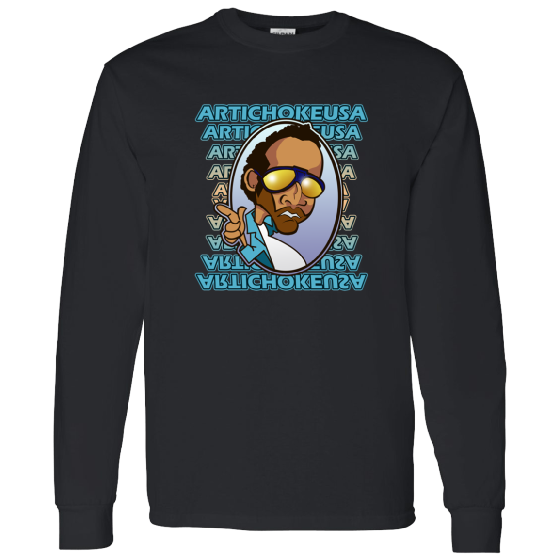 ArtichokeUSA Character and Font design. Let's Create Your Own Team Design Today. My first client Charles. 100 % Cotton LS T-Shirt