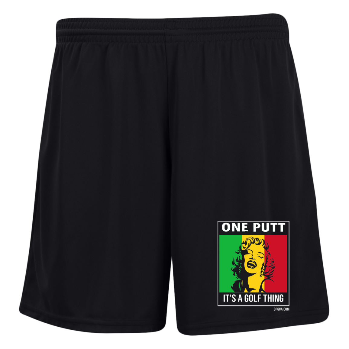 OPG Custom Design #22. One Putt / One Love Parody with Fan Art. Female Edition. Ladies' Moisture-Wicking 7 inch Inseam Training Shorts