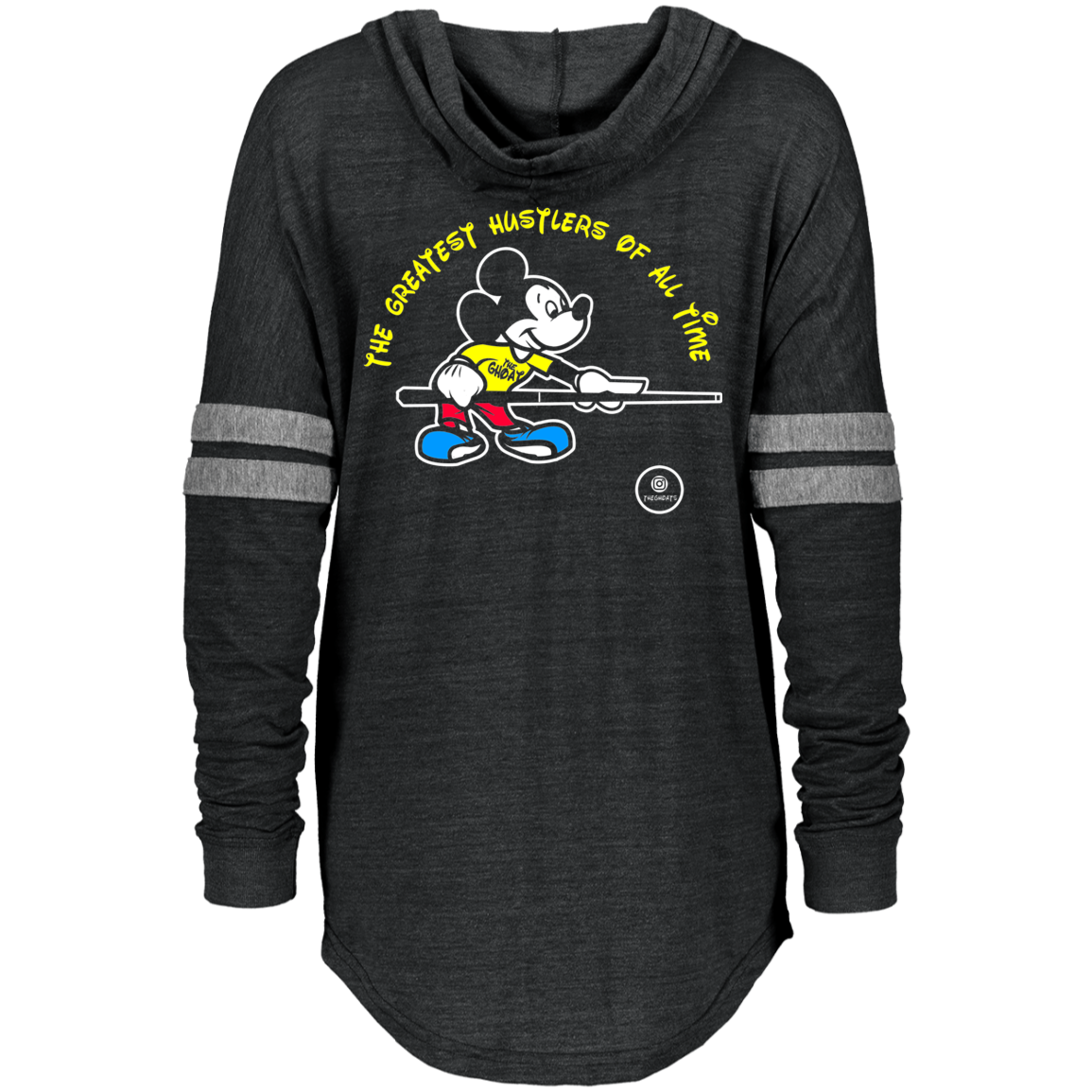 The GHOATS Custom Design #19. Look at the back. Mickey Hustle. Mickey Fan Art. Ladies Hooded Low Key Pullover