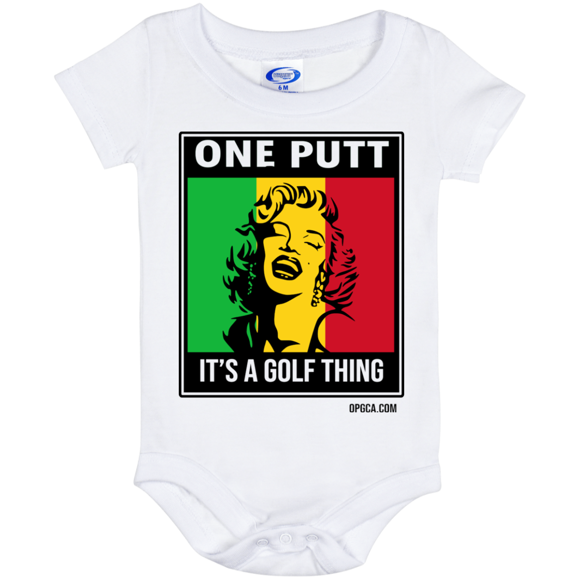 OPG Custom Design #22. One Putt / One Love Parody with Fan Art. Female Edition. Baby Onesie 6 Month