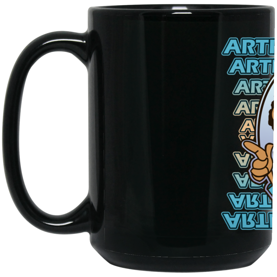 ArtichokeUSA Character and Font design. Let's Create Your Own Team Design Today. My first client Charles. 15 oz. Black Mug