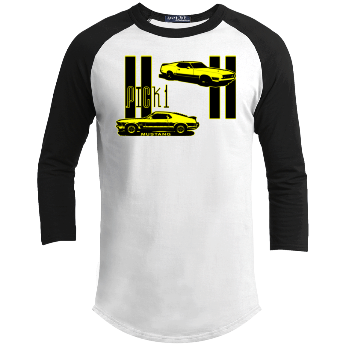 ArtichokeUSA Custom Design. Pick 1 Mustang. Mach 1 Mustang Parody. Cars. Youth 3/4 Raglan Sleeve Shirt