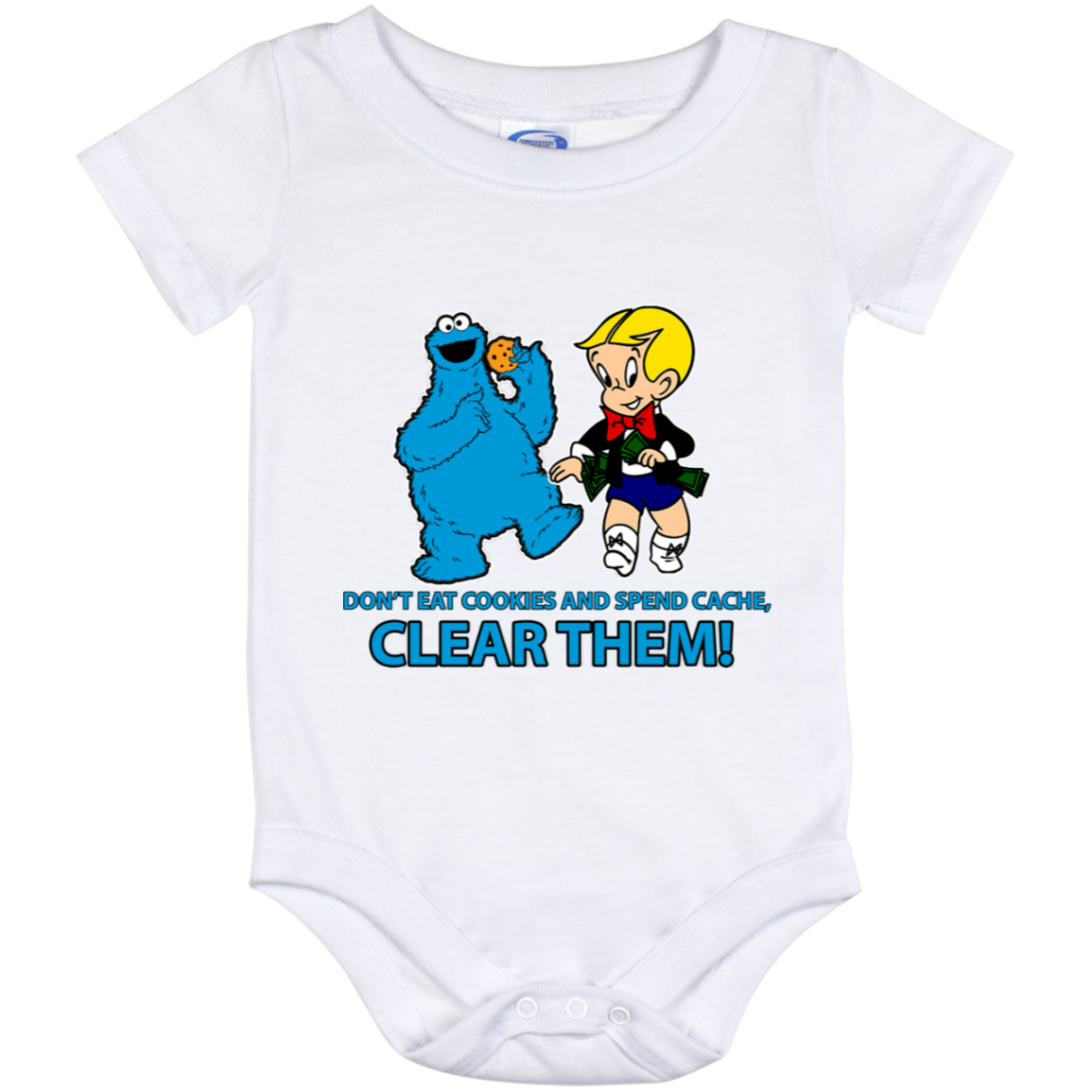ArtichokeUSA Custom Design. Don't Eat Cookies And Spend Cache! Delete Them! Cookie Monster and Richie Rich Fan Art/Parody. Baby Onesie 12 Month