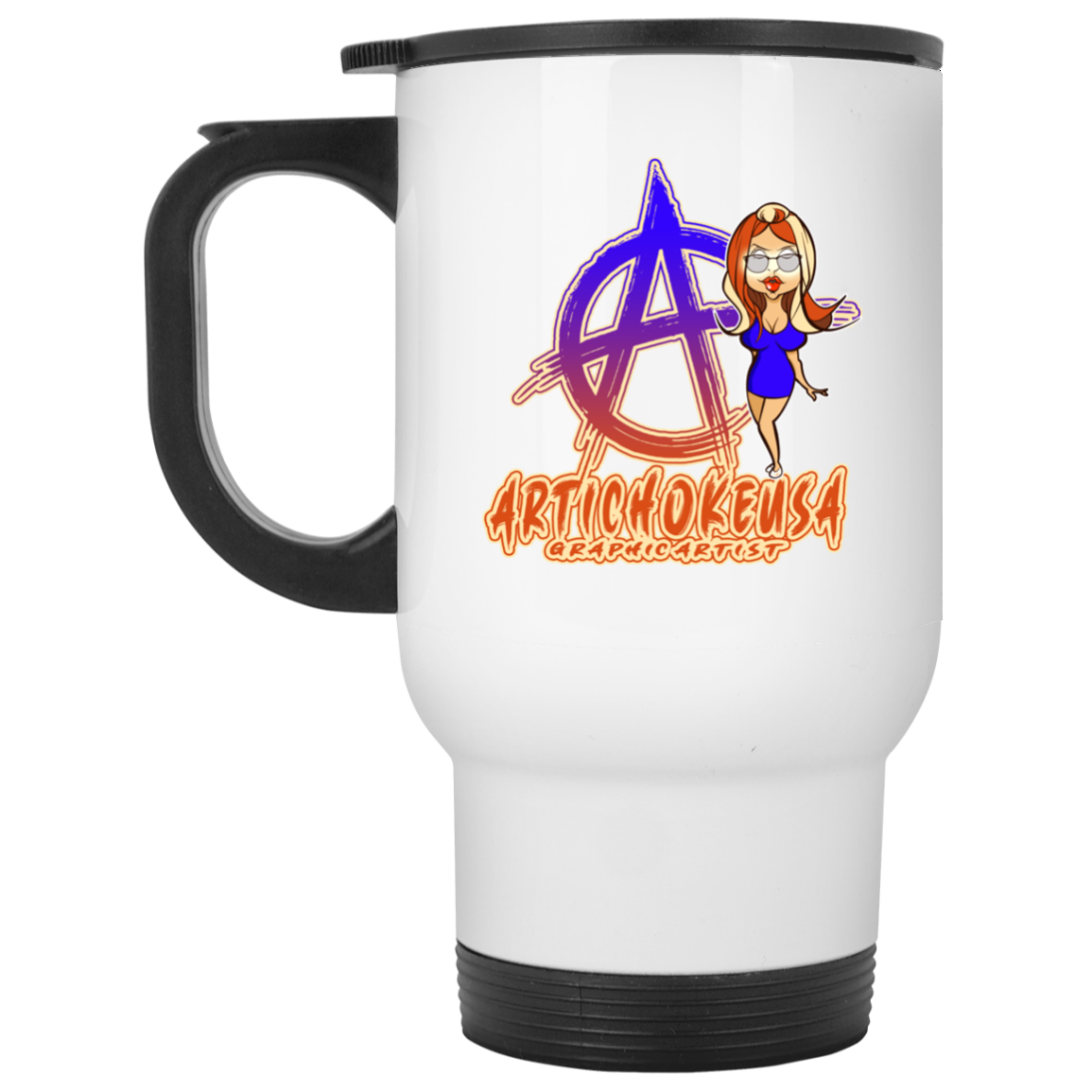 ArtichokeUSA Character and Font Design #2. Friends, Clients, and People of Earth. 14 OZ White Travel Mug