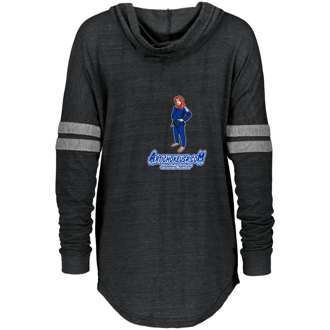 ArtichokeUSA Character and Font design. Let's Create Your Own Team Design Today. Amber. Ladies' Hooded Low Key Pullover