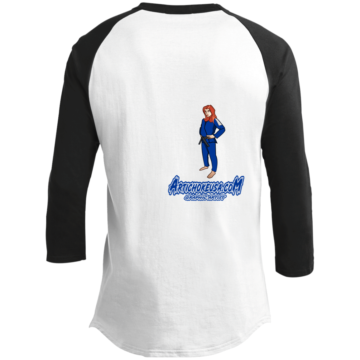 ArtichokeUSA Character and Font design. Let's Create Your Own Team Design Today. Amber. Men's 3/4 Raglan Sleeve Shirt