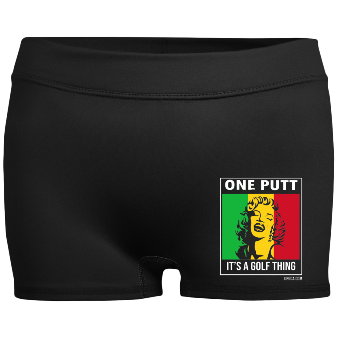 OPG Custom Design #22. One Putt / One Love Parody with Fan Art. Female Edition. Ladies' Fitted Moisture-Wicking 2.5 inch Inseam Shorts