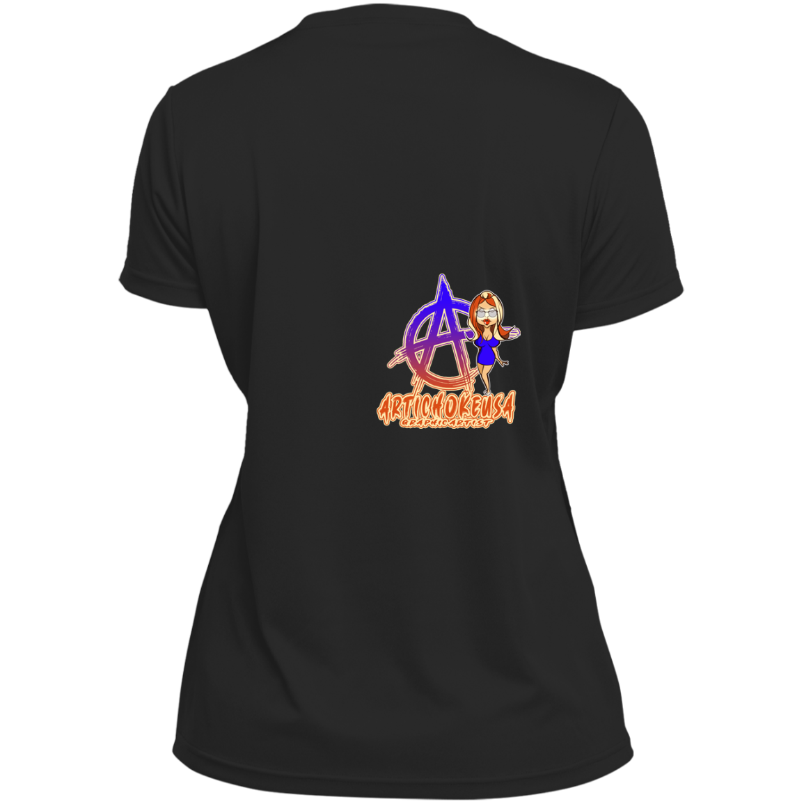 ArtichokeUSA Character and Font Design. Let’s Create Your Own Design Today. Blue Girl. Ladies’ Moisture-Wicking V-Neck Tee
