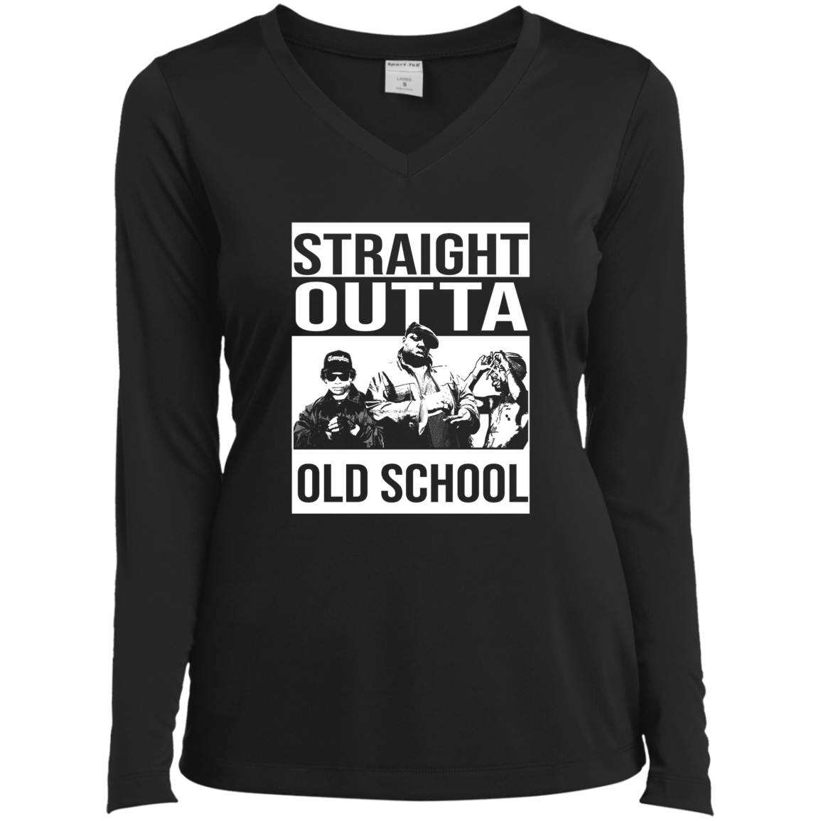 ArtichokeUSA Custom Design. Straight Outta Old School. The GOATs of Rap. Ladies’ Long Sleeve Performance V-Neck Tee