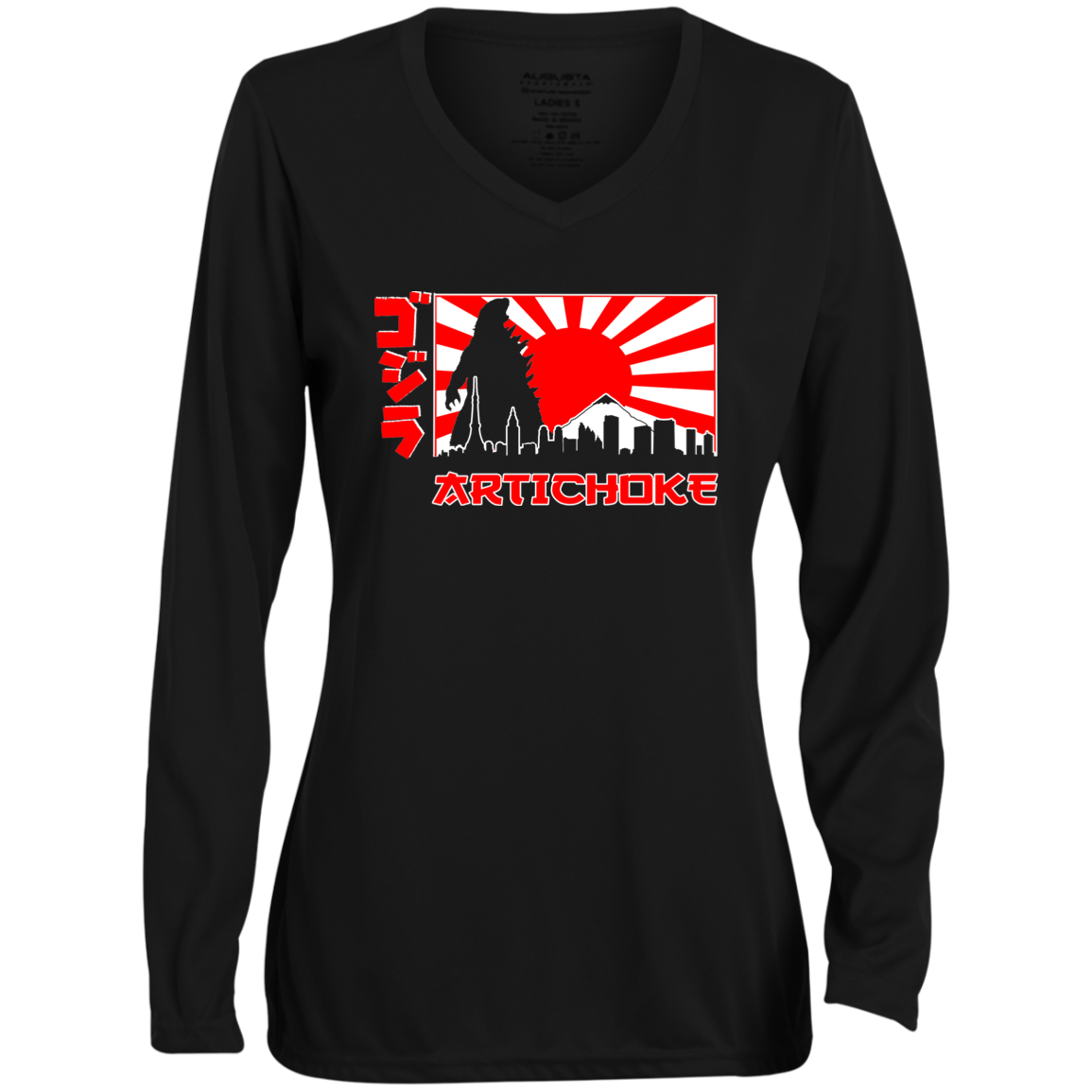 ArtichokeUSA Custom Design. Fan Art Godzilla/Mecha Godzilla. Ladies' Moisture-Wicking Long Sleeve V-Neck Tee