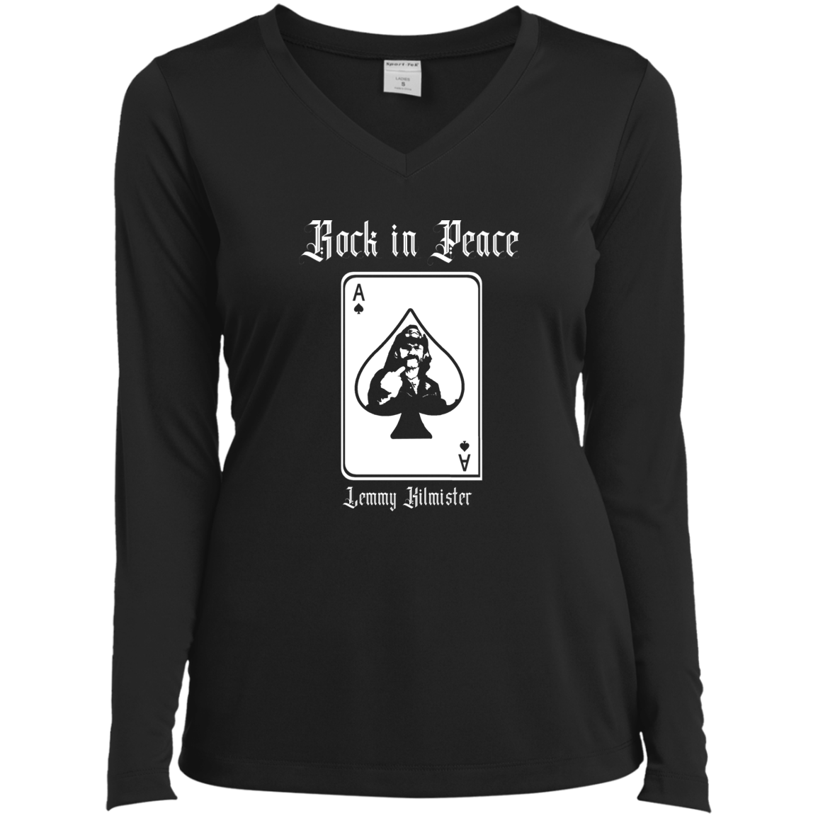 ArtichokeUSA Custom Design. Lemmy Kilmister "Ace of Spades" Tribute Fan Art Version 2 of 2. Ladies’ Long Sleeve Performance V-Neck Tee