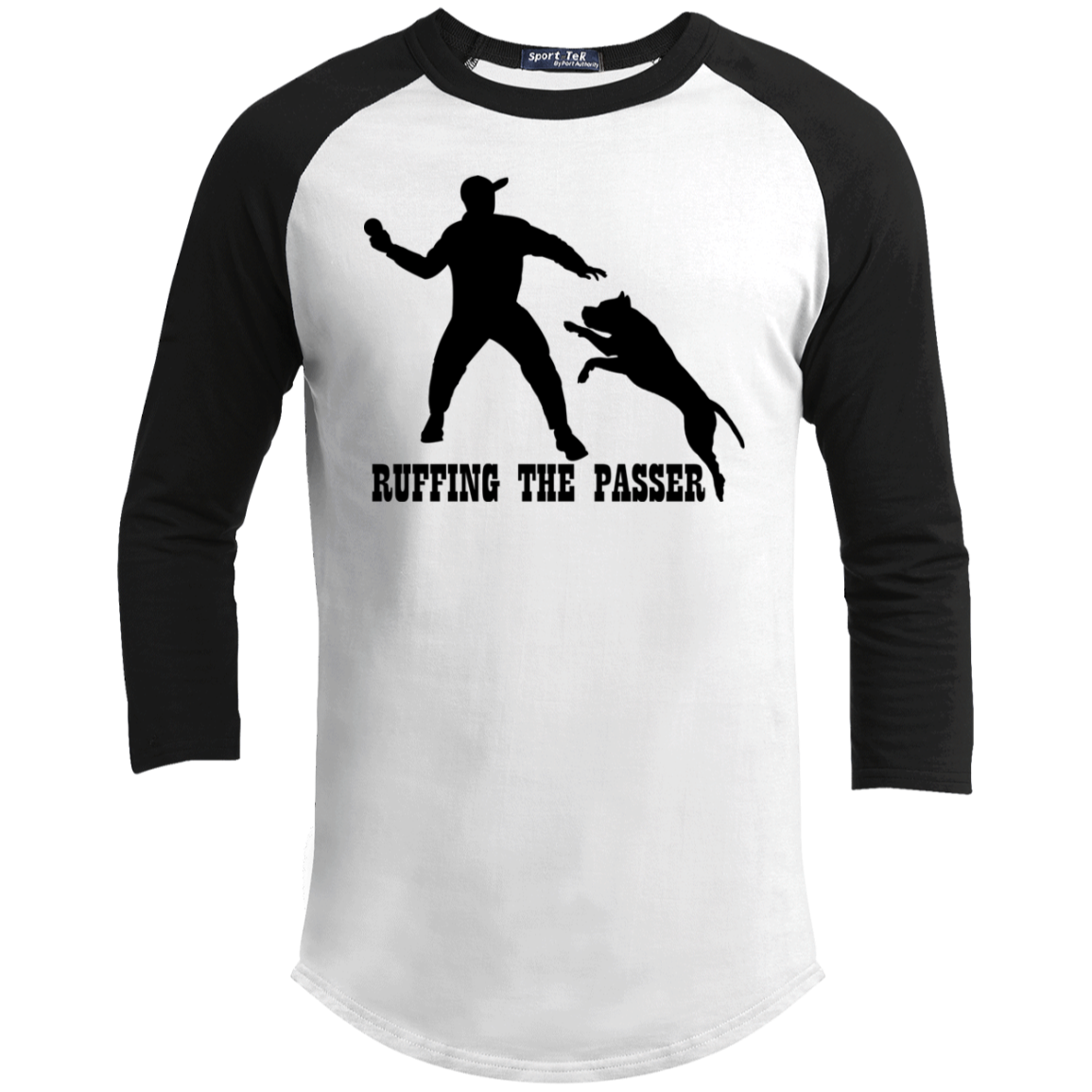 ArtichokeUSA Custom Design. Ruffing the Passer. Pitbull Edition. Male Version. Youth 3/4 Raglan Sleeve Shirt