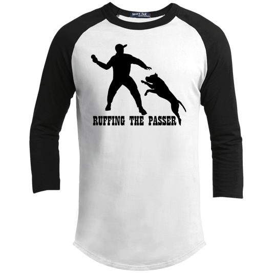 ArtichokeUSA Custom Design. Ruffing the Passer. Pitbull Edition. Male Version. Youth 3/4 Raglan Sleeve Shirt