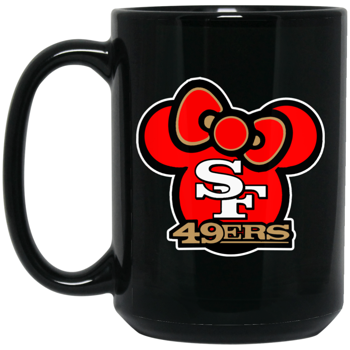 ArtichokeUSA Custom Design #51. Hello 49ers. SF 49ers/Hello Kitty Parody. TV Sports. 15 oz. Black Mug