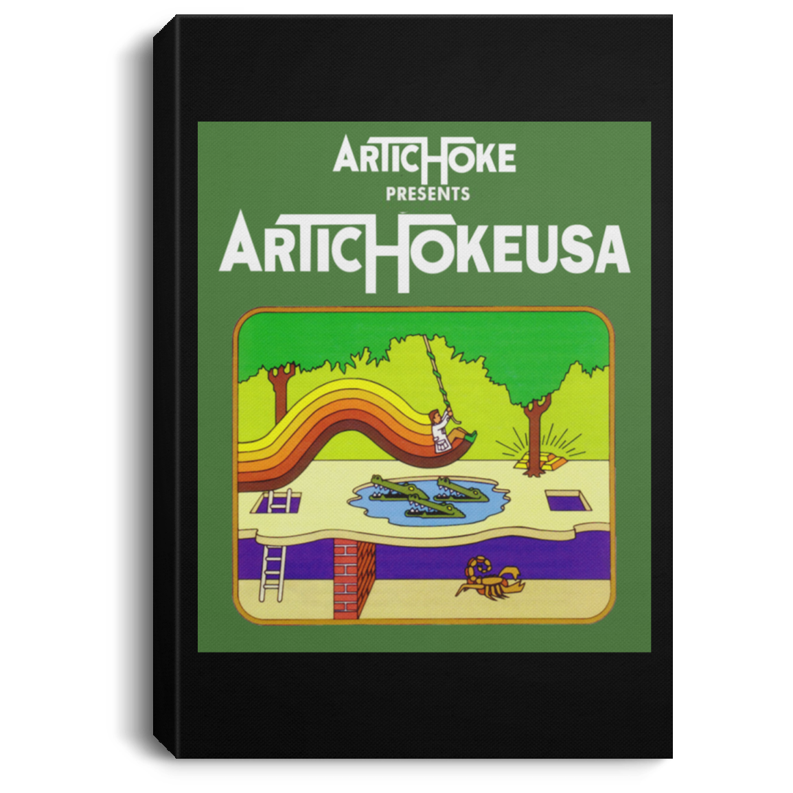 ArtichokeUSA Custom Design. Pitfall Game. Activision Parody. Ladies' Soft Style Hoodie Portrait Canvas .75in Frame