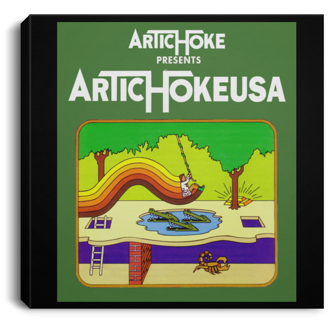 ArtichokeUSA Custom Design. Pitfall Game. Activision Parody. Ladies' Soft Style Hoodie Square Canvas .75in Frame