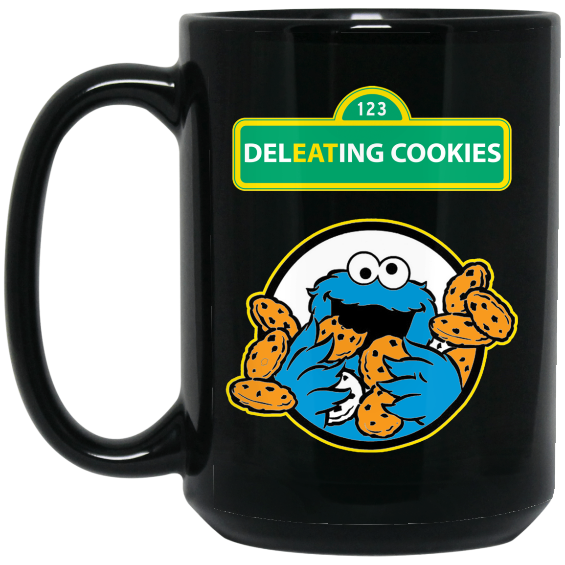 ArtichokeUSA Custom Design #58. DelEATing Cookes. IT humor. Cookie Monster Parody. 15 oz. Black Mug