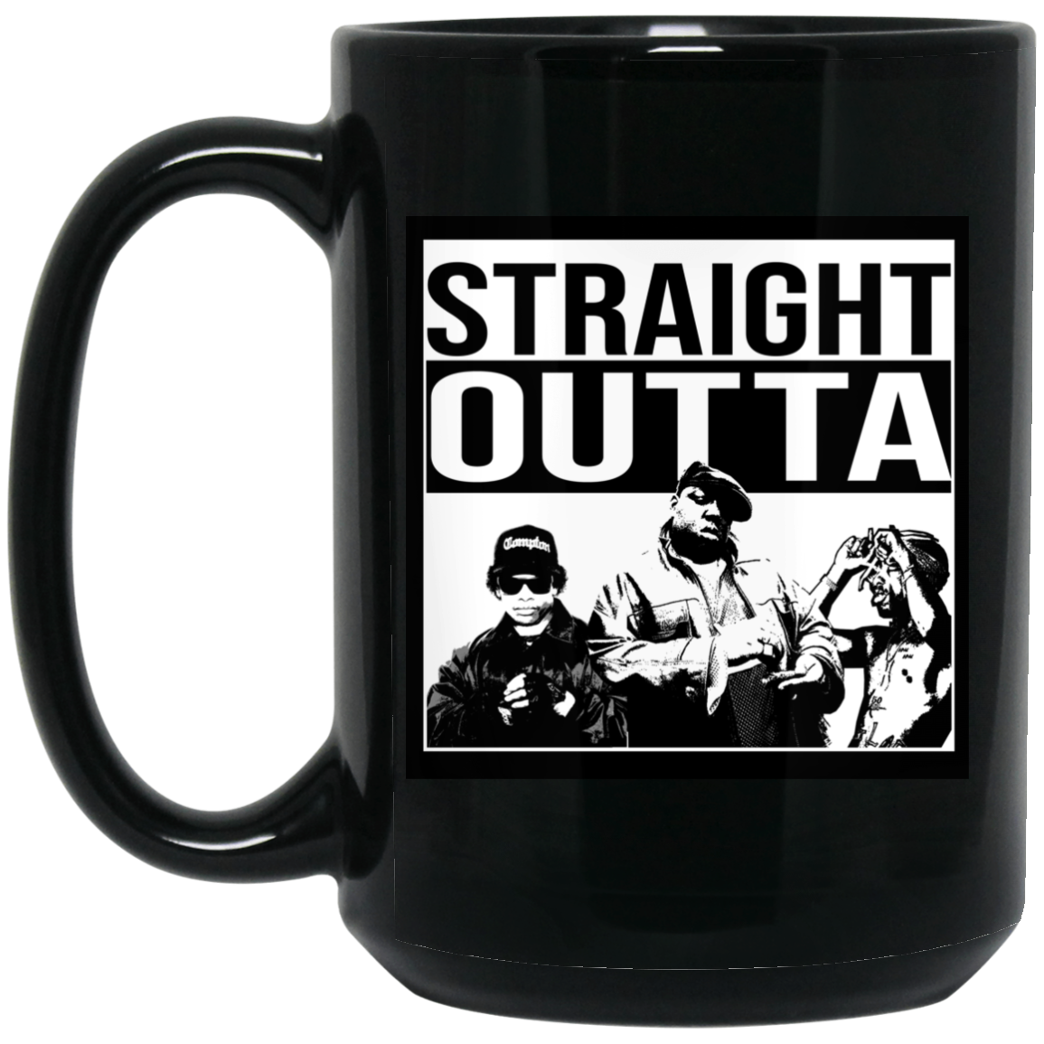 ArtichokeUSA Custom Design #23. GOATs of Rap. Straight Outta Rappers. Parody Fan Art. 15 oz. Black Mug