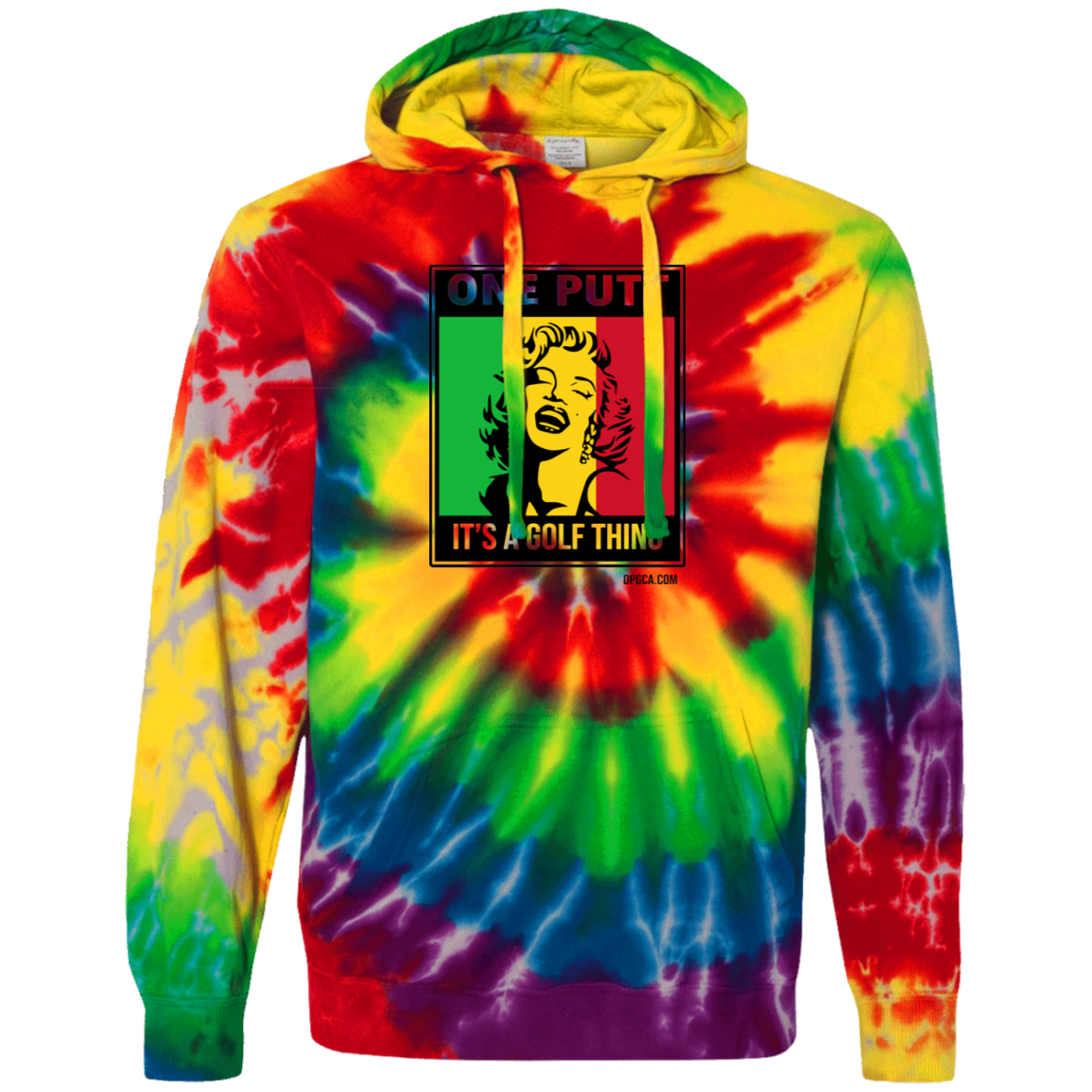 OPG Custom Design #22. One Putt / One Love Parody with Fan Art. Female Edition. Tie-Dyed Pullover Hoodie