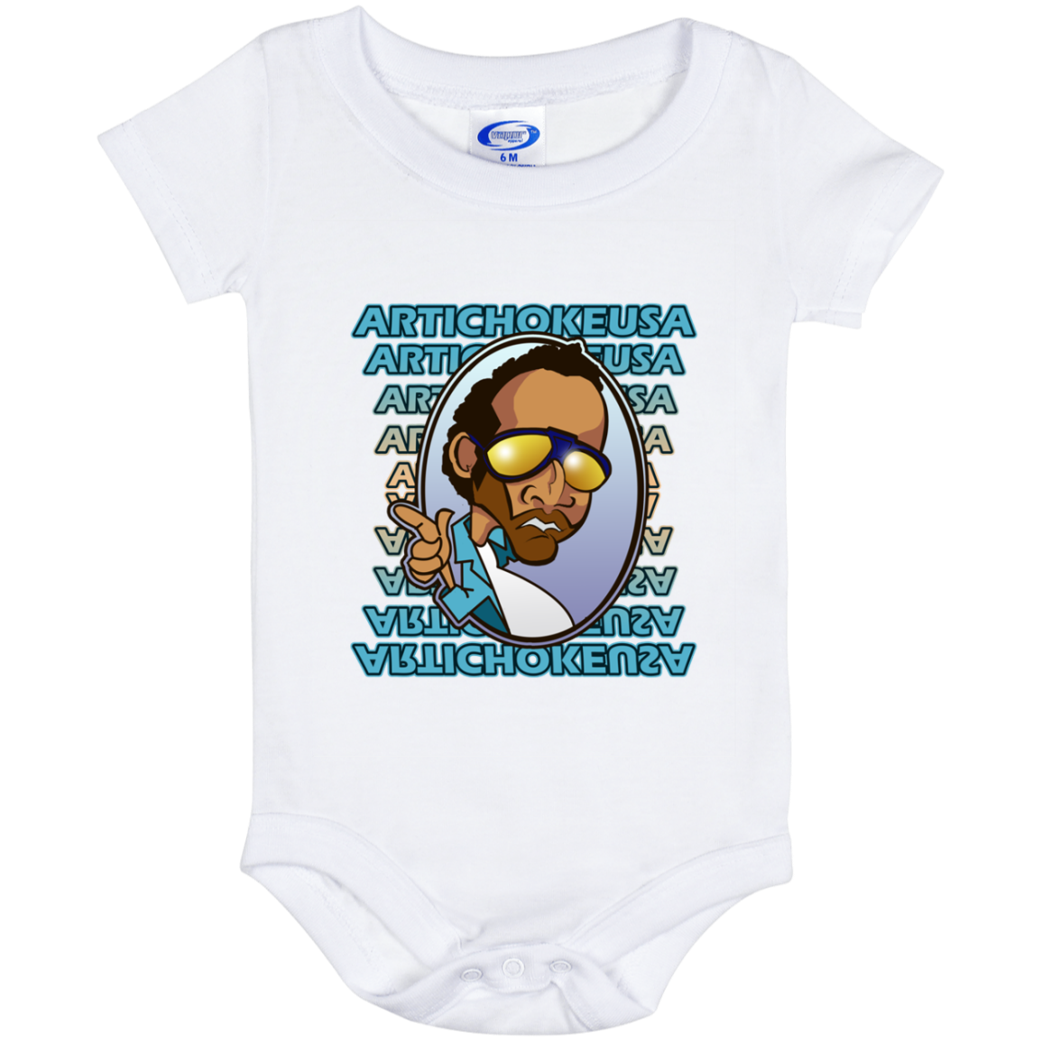 ArtichokeUSA Character and Font design. Let's Create Your Own Team Design Today. My first client Charles. Baby Onesie 6 Month
