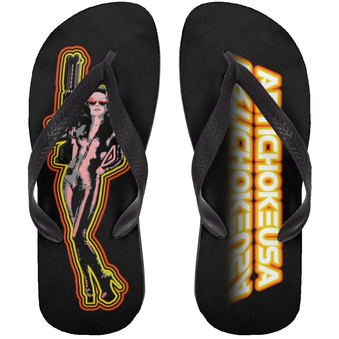 ArtichokeUSA Character and Font design. Let's Create Your Own Team Design Today. Mary Boom Boom. Adult Flip Flops