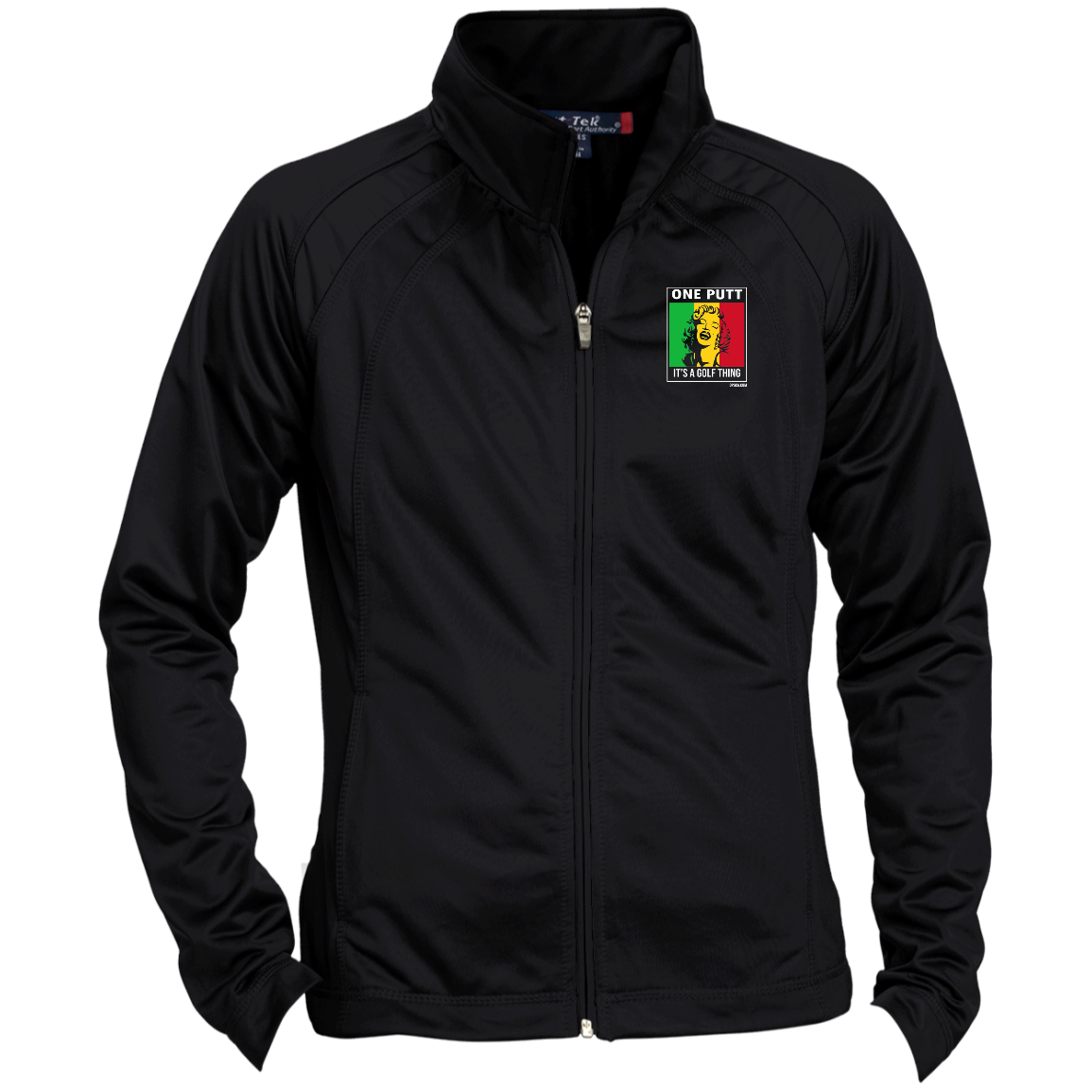 OPG Custom Design #22. One Putt / One Love Parody with Fan Art. Female Edition. Ladies' Raglan Sleeve Warmup Jacket