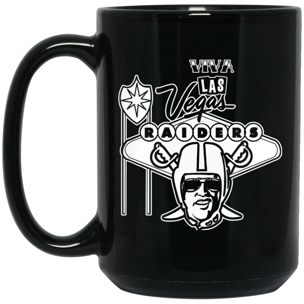 ArtichokeUSA Custom Design. Las Vegas Raiders / Elvis Presley Parody Fan Art. Let's Create Your Own Team Design Today. 15 oz. Black Mug