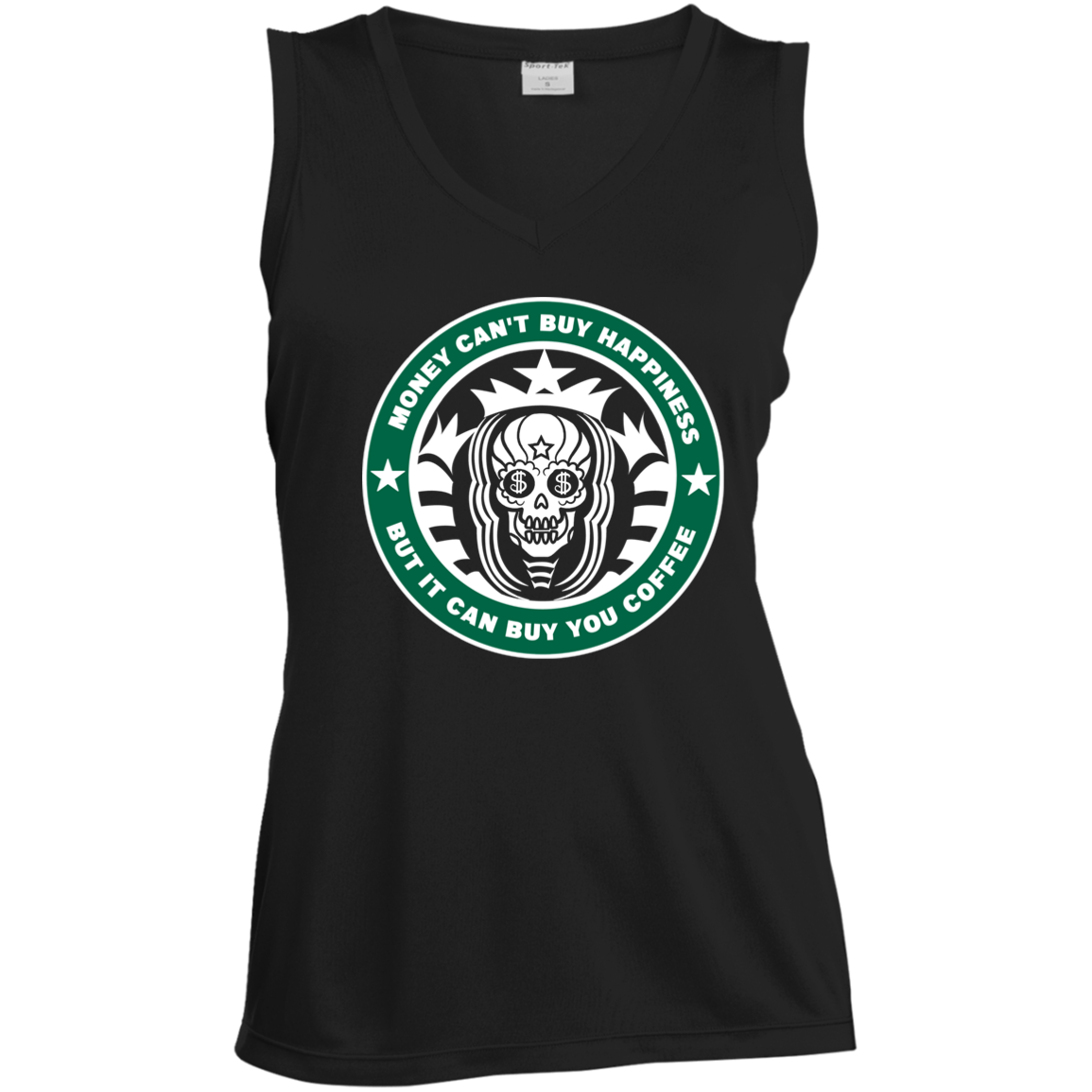 ArtichokeUSA Custom Design. Money Can't Buy Happiness But It Can Buy You Coffee. Ladies' Sleeveless V-Neck
