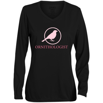 OPG Custom Design # 24. Ornithologist. A person who studies or is an expert on birds. Ladies' Moisture-Wicking Long Sleeve V-Neck Tee