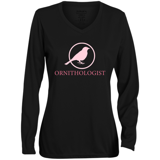 OPG Custom Design # 24. Ornithologist. A person who studies or is an expert on birds. Ladies' Moisture-Wicking Long Sleeve V-Neck Tee