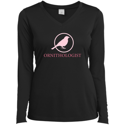 OPG Custom Design # 24. Ornithologist. A person who studies or is an expert on birds. Ladies’ Long Sleeve Performance V-Neck Tee