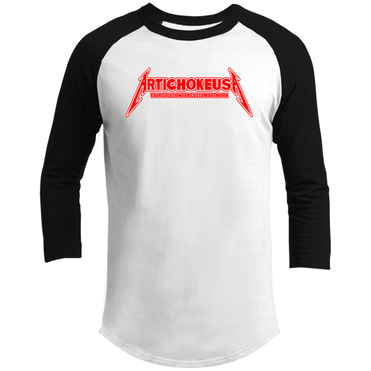 ArtichokeUSA Custom Design. Metallica Style Logo. Let's Make One For Your Project. Men's 3/4 Raglan Sleeve Shirt