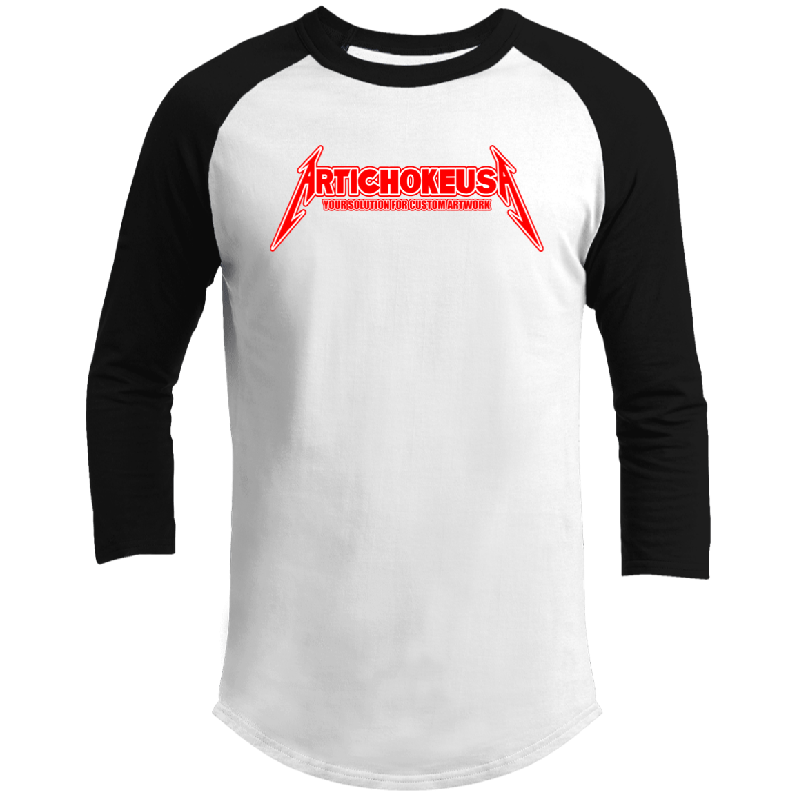 ArtichokeUSA Custom Design. Metallica Style Logo. Let's Make One For Your Project. Men's 3/4 Raglan Sleeve Shirt