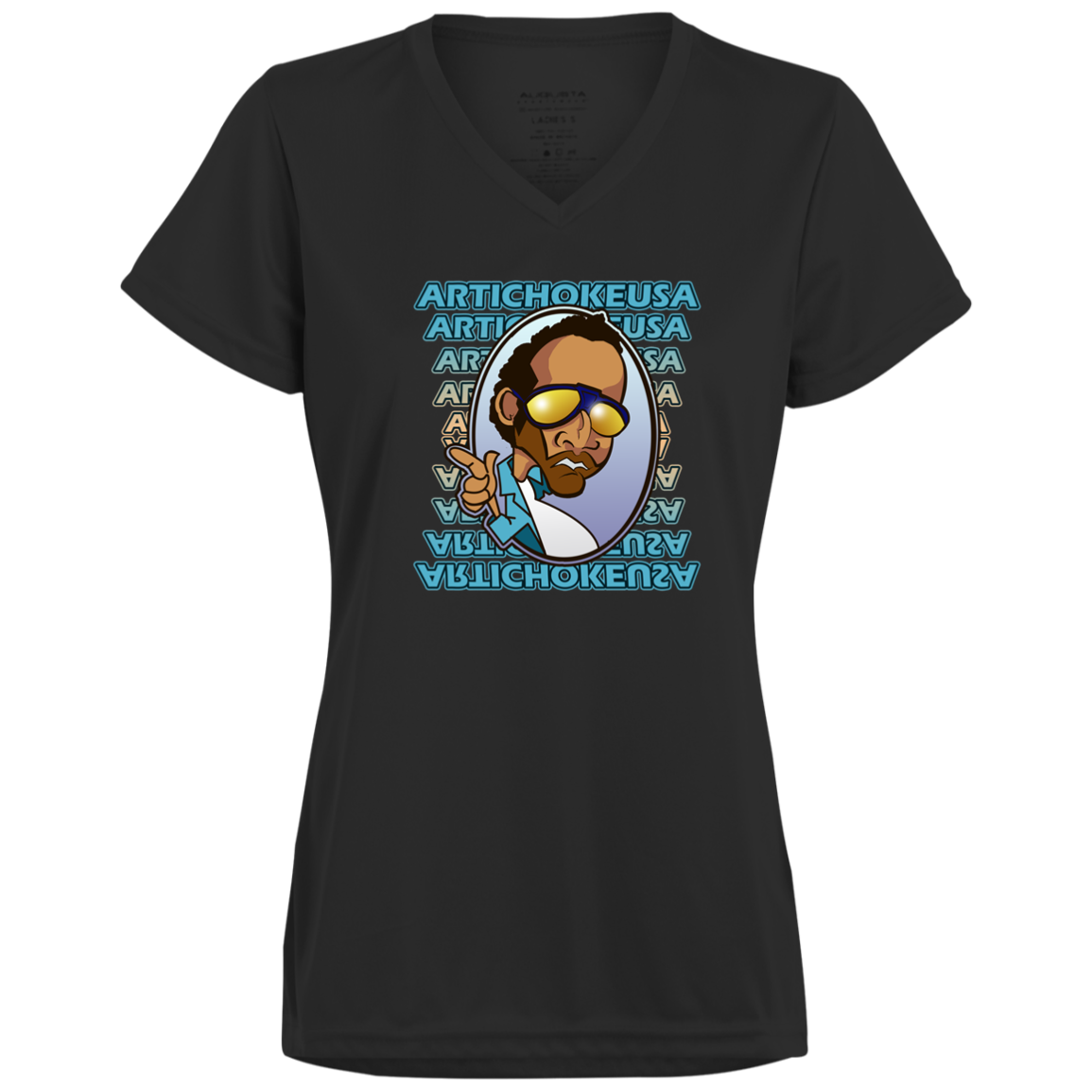 ArtichokeUSA Character and Font design. Let's Create Your Own Team Design Today. My first client Charles. Ladies’ Moisture-Wicking V-Neck Tee