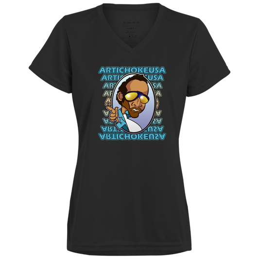 ArtichokeUSA Character and Font design. Let's Create Your Own Team Design Today. My first client Charles. Ladies’ Moisture-Wicking V-Neck Tee