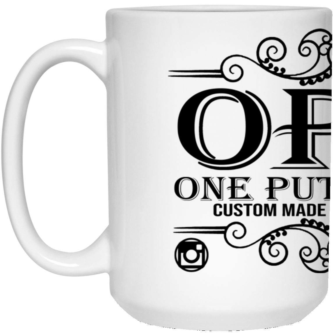 OPG Custom Design #00. OPG - One Putt Golf.  Front and Back Design. 15 oz. White Mug