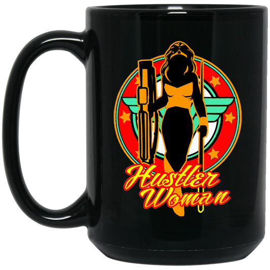 The GHOATS custom design #15. Hustler Woman. Wonder Woman Fan Art Parody. Pool Billiards.  15 oz. Black Mug