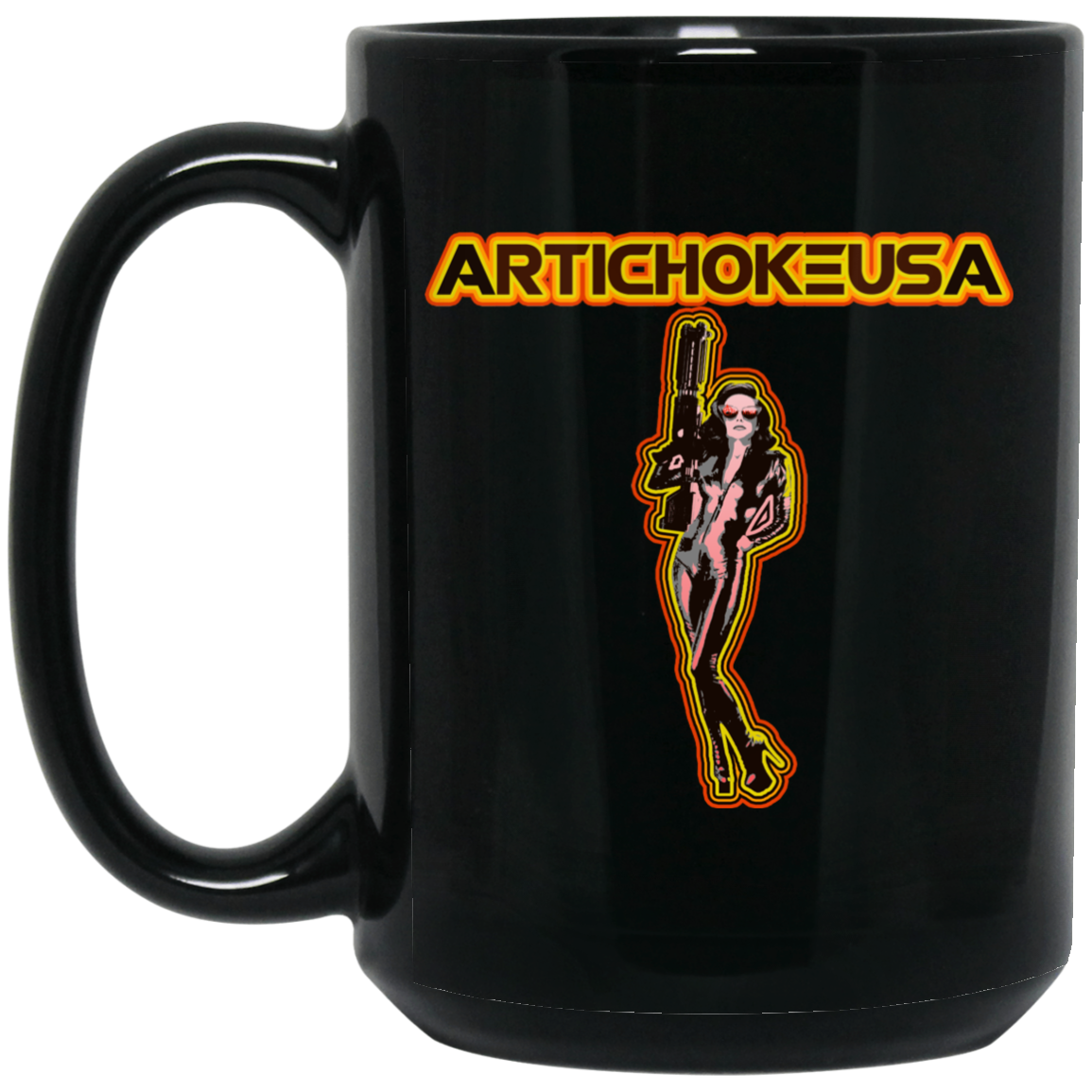ArtichokeUSA Character and Font design. Let's Create Your Own Team Design Today. Mary Boom Boom. 15 oz. Black Mug