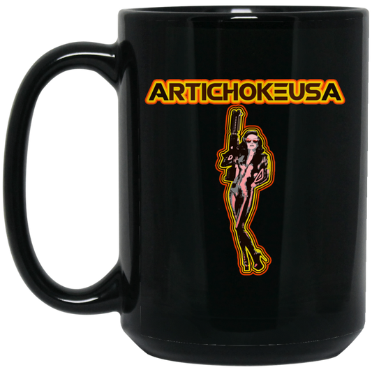 ArtichokeUSA Character and Font design. Let's Create Your Own Team Design Today. Mary Boom Boom. 15 oz. Black Mug