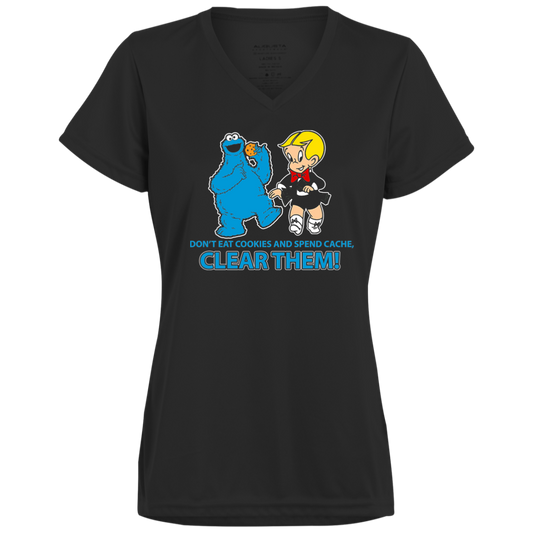 ArtichokeUSA Custom Design. Don't Eat Cookies And Spend Cache! Delete Them! Cookie Monster and Richie Rich Fan Art/Parody. Ladies’ Moisture-Wicking V-Neck Tee