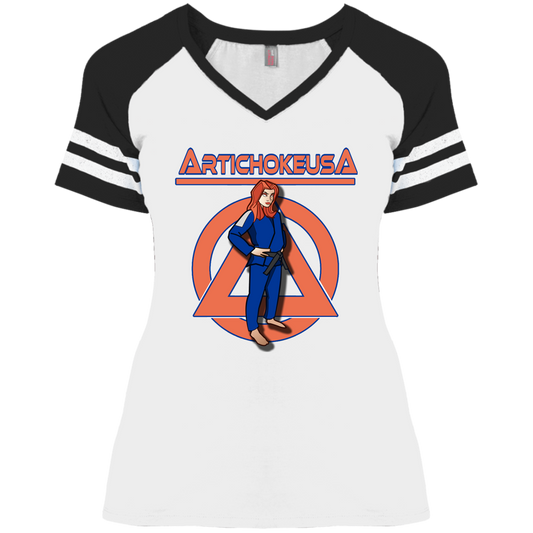 ArtichokeUSA Character and Font design. Let's Create Your Own Team Design Today. Amber. Ladies' Game V-Neck T-Shirt