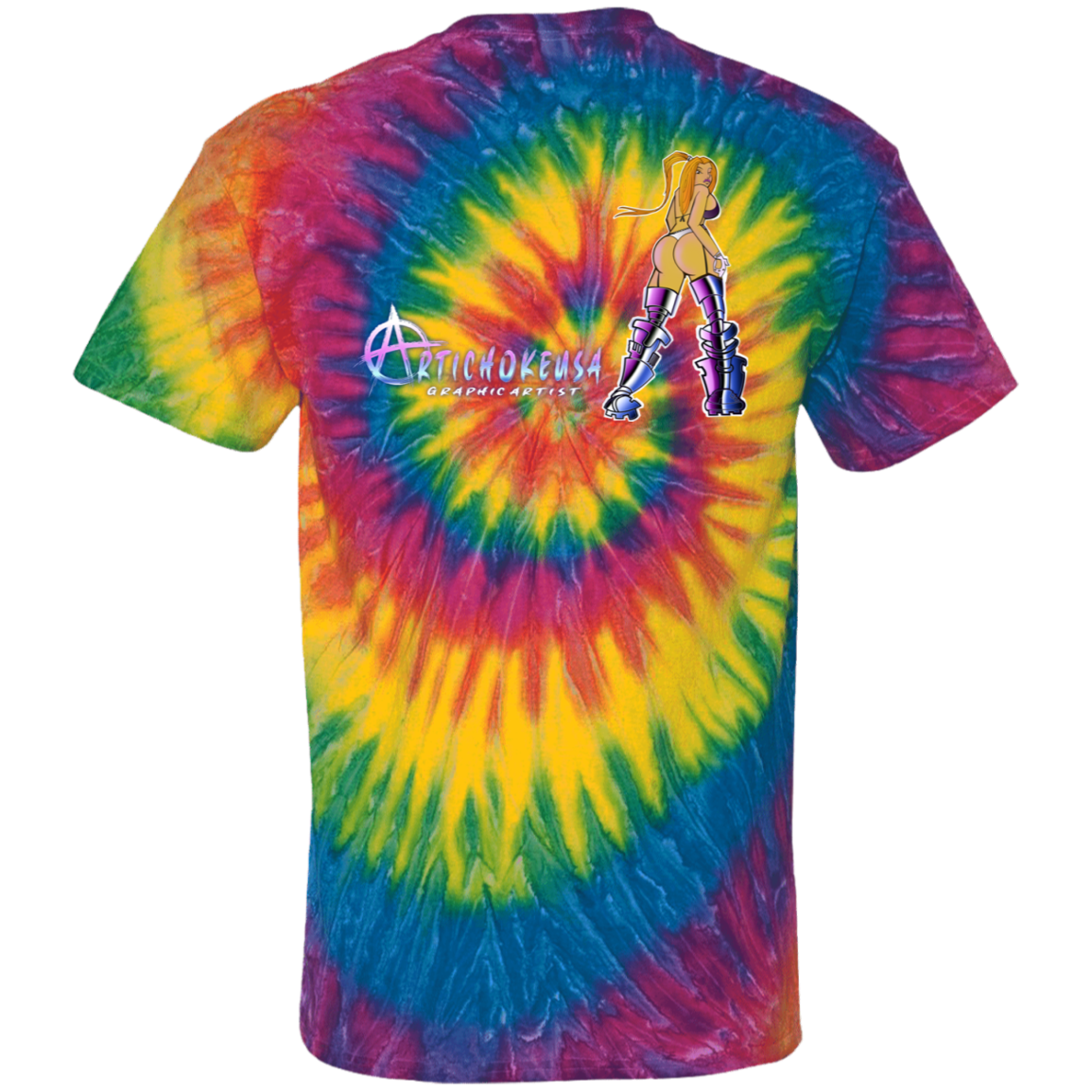 ArtichokeUSA Character and Font design. Let's Create Your Own Team Design Today. Dama de Croma. 100% Cotton Tie Dye T-Shirt