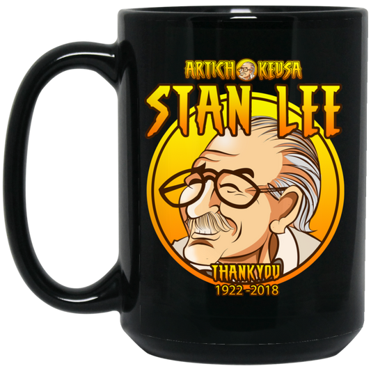 ArtichokeUSA Character and Font design. Stan Lee Thank You Fan Art. Let's Create Your Own Design Today. 15 oz. Black Mug