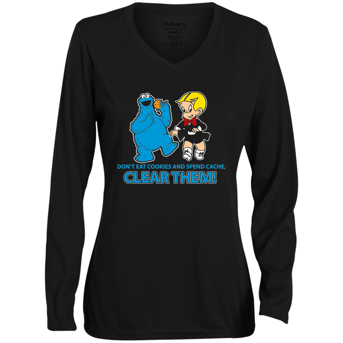 ArtichokeUSA Custom Design. Don't Eat Cookies And Spend Cache! Delete Them! Cookie Monster and Richie Rich Fan Art/Parody. Ladies' Moisture-Wicking Long Sleeve V-Neck Tee