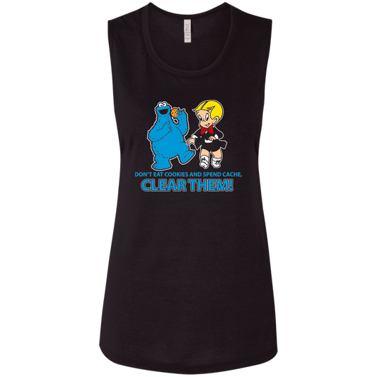 ArtichokeUSA Custom Design. Don't Eat Cookies And Spend Cache! Delete Them! Cookie Monster and Richie Rich Fan Art/Parody. Ladies' Flowy Muscle Tank