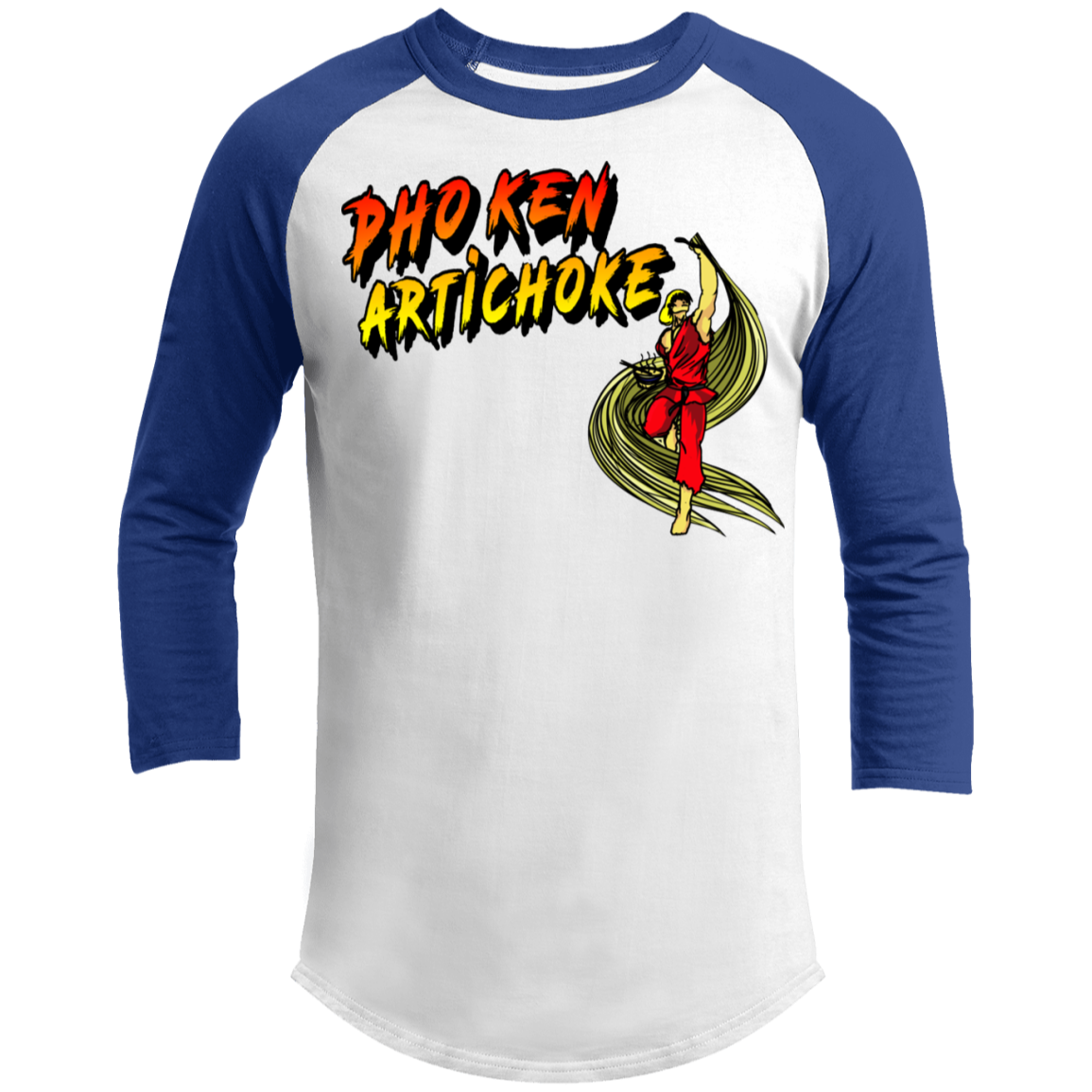 ArtichokeUSA Custom Design. Pho Ken Artichoke. Street Fighter Parody. Gaming. 3/4 Raglan Sleeve Shirt