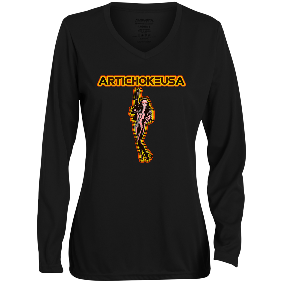 ArtichokeUSA Character and Font design. Let's Create Your Own Team Design Today. Mary Boom Boom. Ladies' Moisture-Wicking Long Sleeve V-Neck Tee