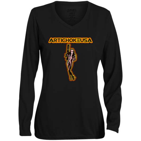 ArtichokeUSA Character and Font design. Let's Create Your Own Team Design Today. Mary Boom Boom. Ladies' Moisture-Wicking Long Sleeve V-Neck Tee