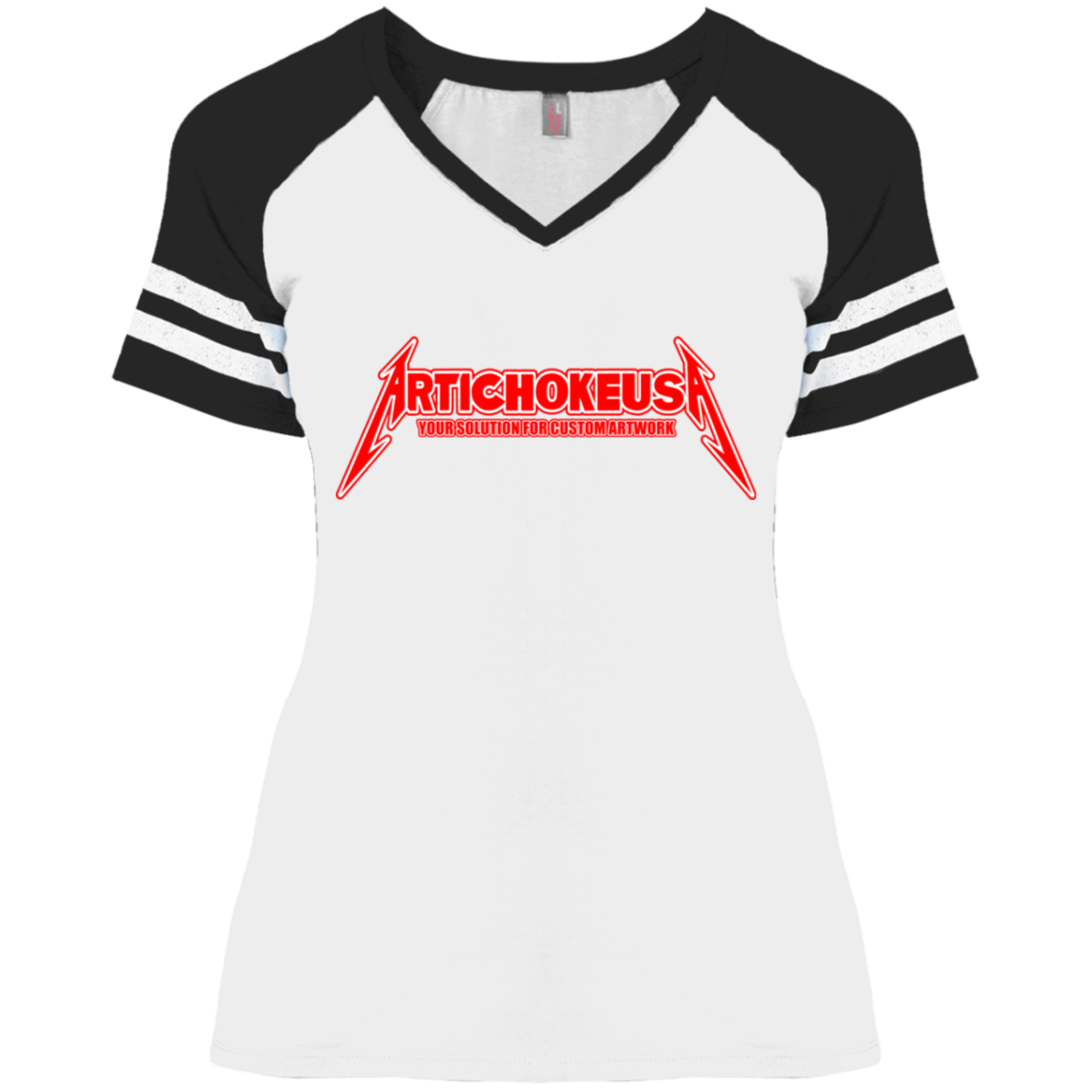 ArtichokeUSA Custom Design. Metallica Style Logo. Let's Make One For Your Project. Ladies' Game V-Neck T-Shirt