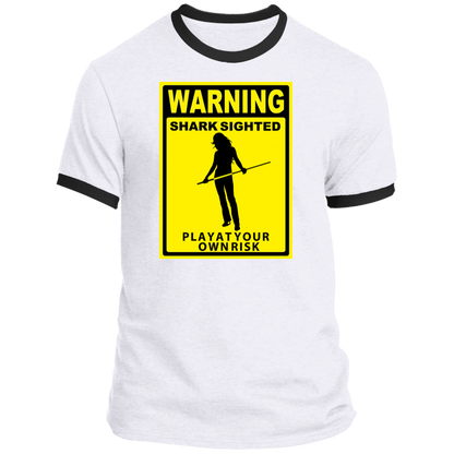 The GHOATS Custom Design. #34 Beware of Sharks. Play at Your Own Risk. (Ladies only version). Ringer Tee